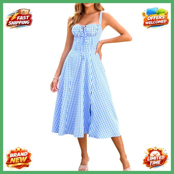 Floral Midi Corset Dress Lace Up Back Slit Casual Sundress Wedding Guest